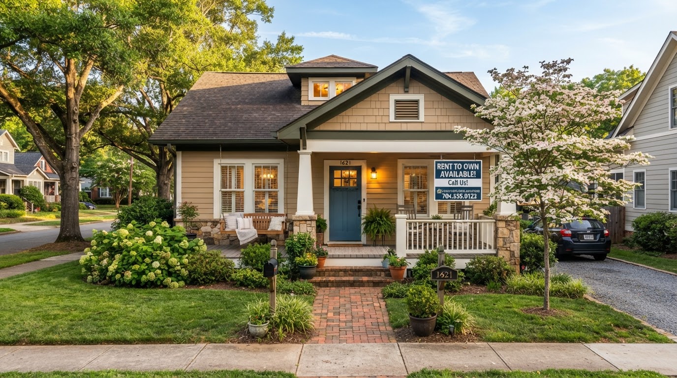 Charming Charlotte NC starter home with welcoming front porch representing rent to own concept