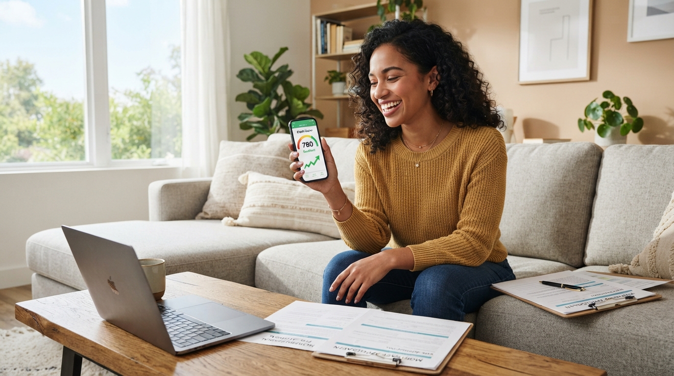 Diverse young professional checking their credit score on a smartphone with mortgage documents and a laptop nearby