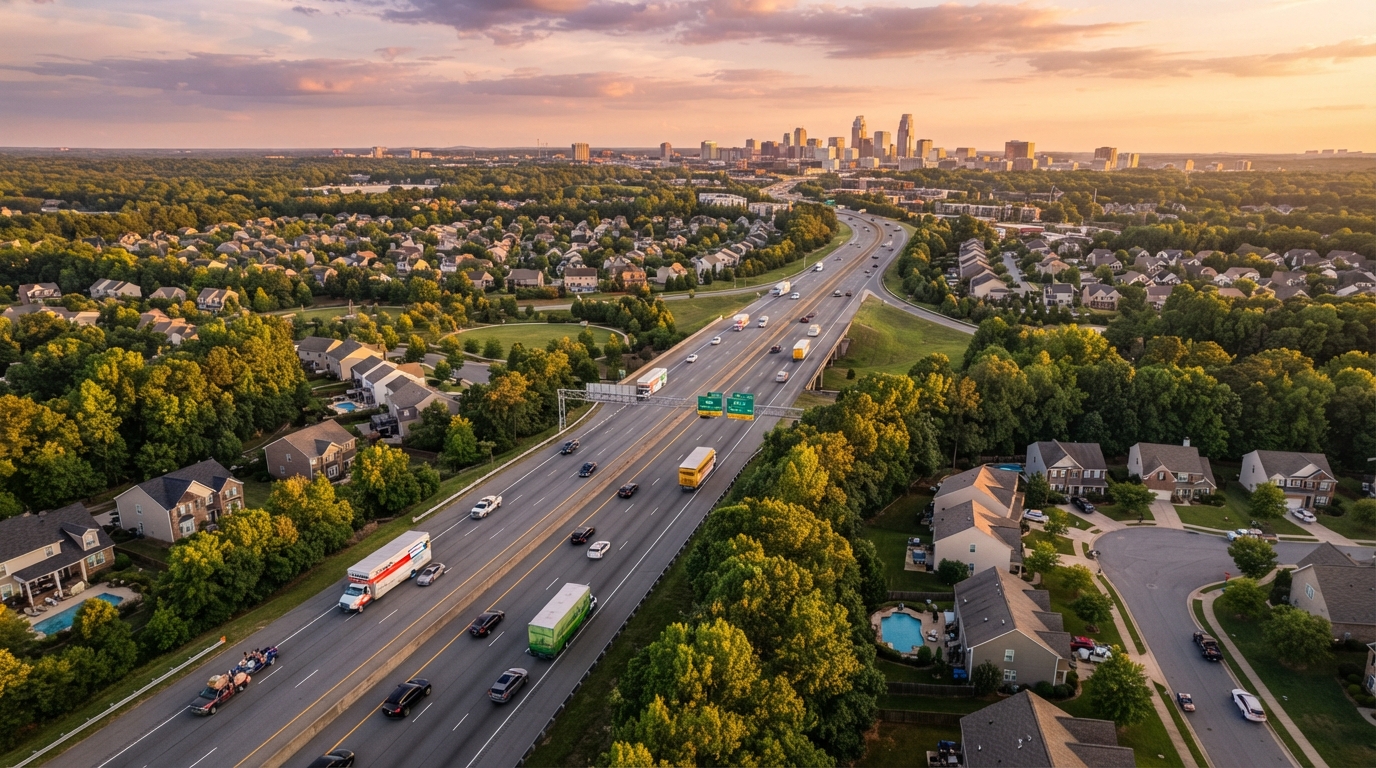 Moving trucks on highway heading toward Charlotte NC and South Carolina suburbs at golden hour