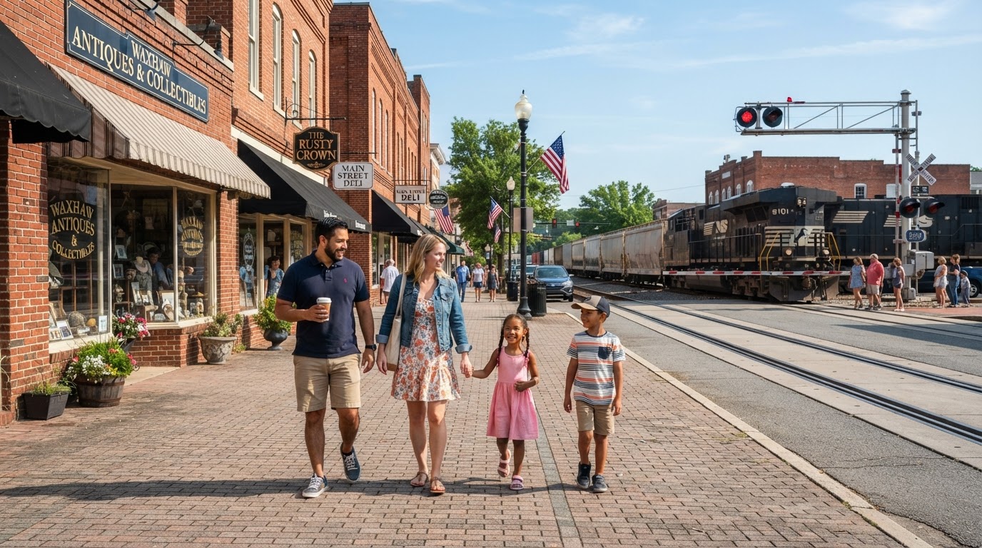 A diverse family with children walking through a charming Waxhaw NC downtown main street with historic buildings