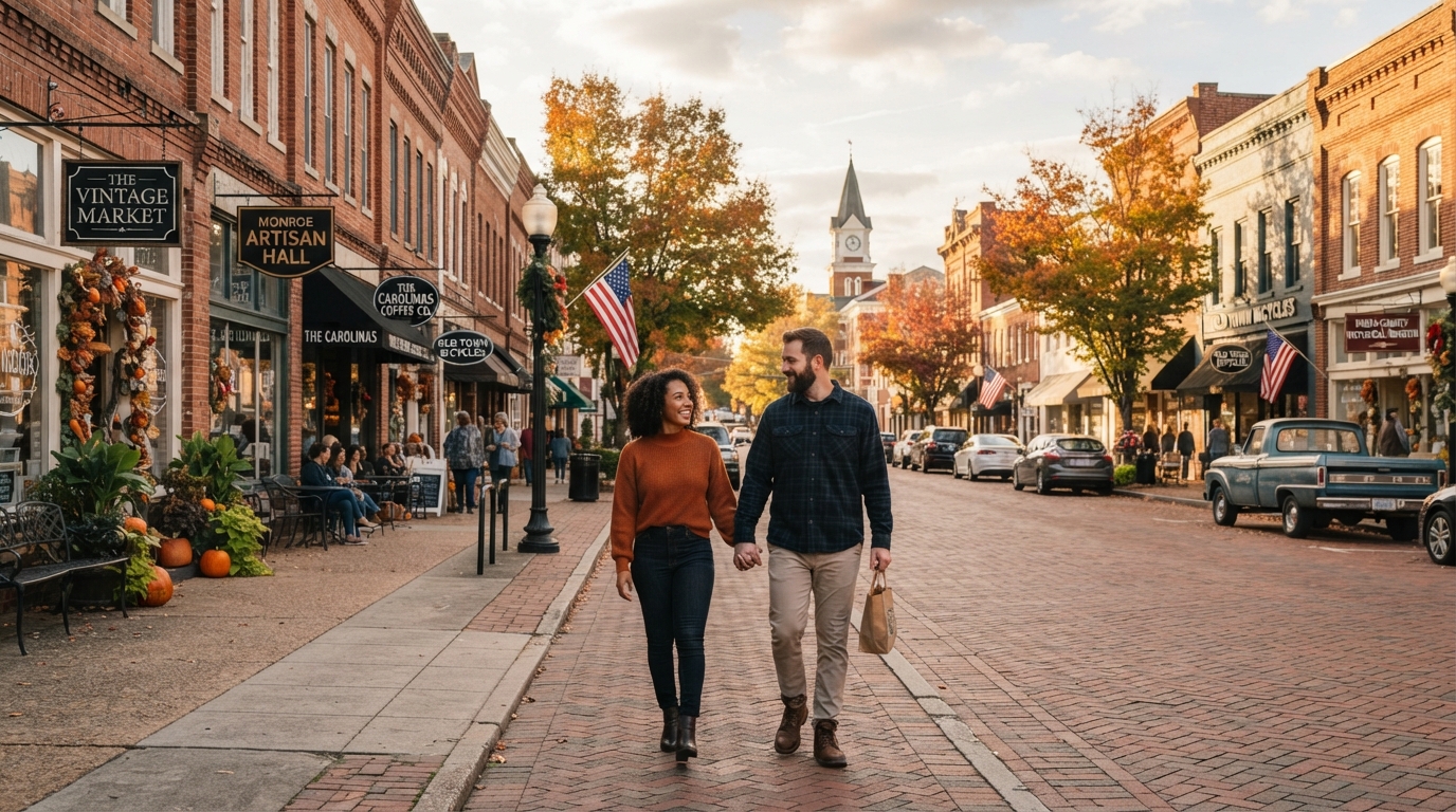 A diverse couple strolling through a historic small town downtown main street in Monroe NC with brick buildings and local shops
