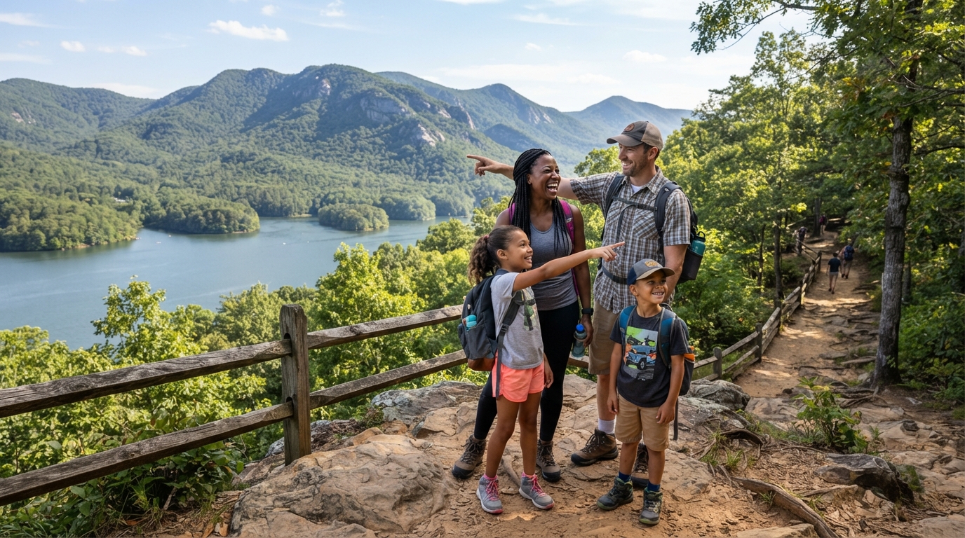 A diverse family with children enjoying a sunny day at a South Carolina state park with a lake, hiking trails, and mountains in the background