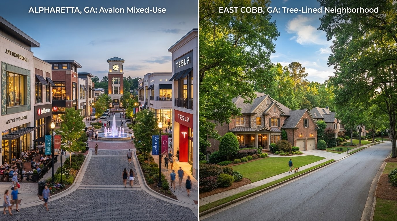 Split comparison of Alpharetta GA Avalon development and East Cobb GA residential neighborhoods