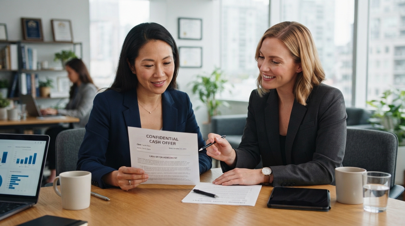 A diverse homeowner reviewing a cash offer during a divorce transition with a female real estate advisor, calm supportive mood