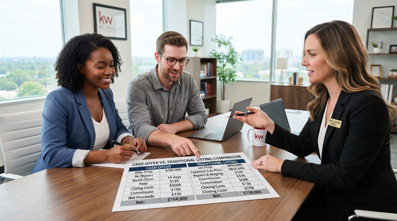 A diverse couple reviewing a cash offer versus a traditional listing comparison chart with a female real estate agent, two columns of numbers on paper