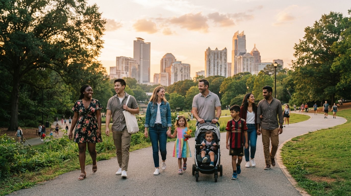 A diverse group of young professionals and families walking through Piedmont Park in Atlanta GA with the Midtown skyline behind them at golden hour