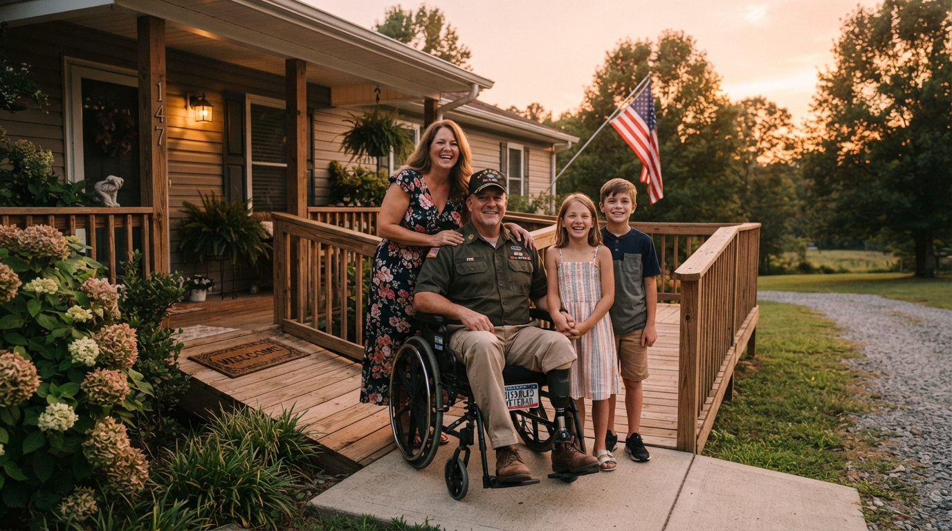A disabled military veteran with family standing outside an accessible home in North Carolina