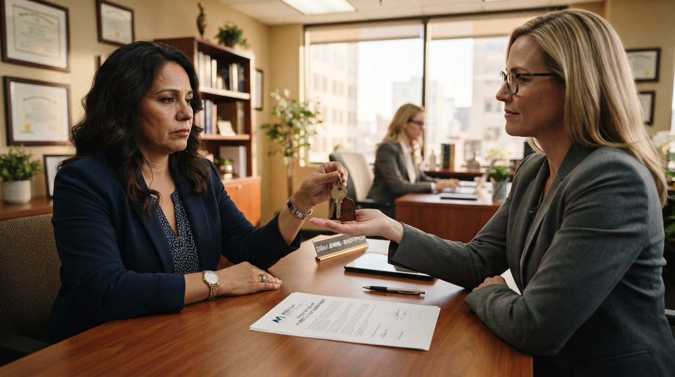 A diverse homeowner handing house keys to a professional during a deed in lieu of foreclosure agreement