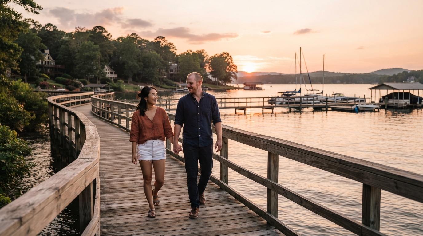A diverse couple walking along the lakeside in Denver NC near Lake Norman with a dock and water visible at golden hour