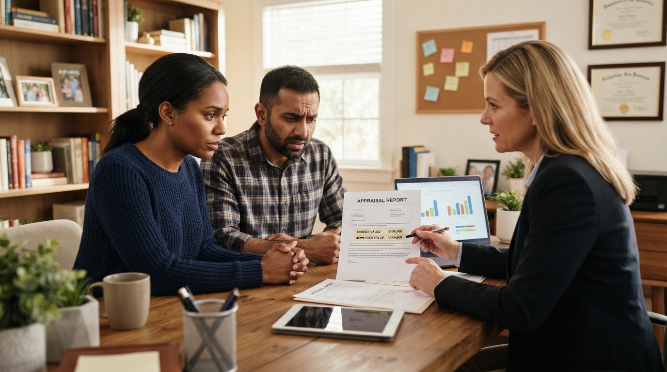 A diverse couple looking concerned while reviewing a low appraisal report with their real estate agent in a home office