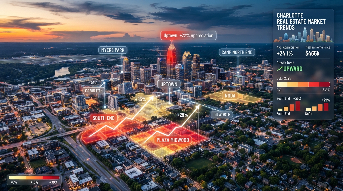 Aerial view of Charlotte neighborhoods with AI appreciation heat map overlay