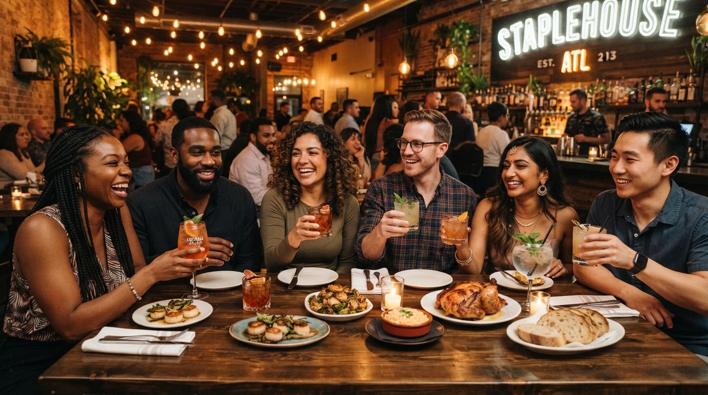 Diverse group of friends dining at a trendy Atlanta restaurant with craft cocktails