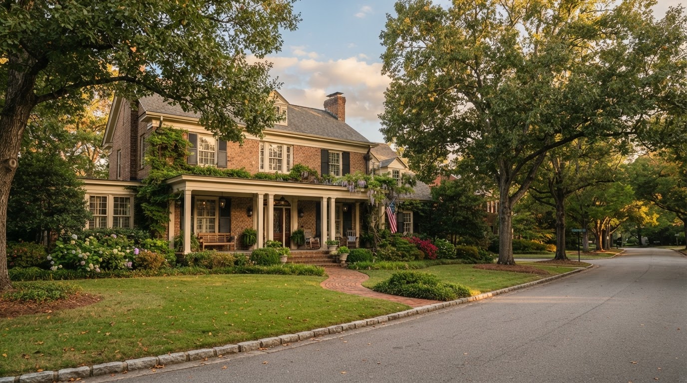 A classic North Carolina family home with mature trees representing an inherited estate property