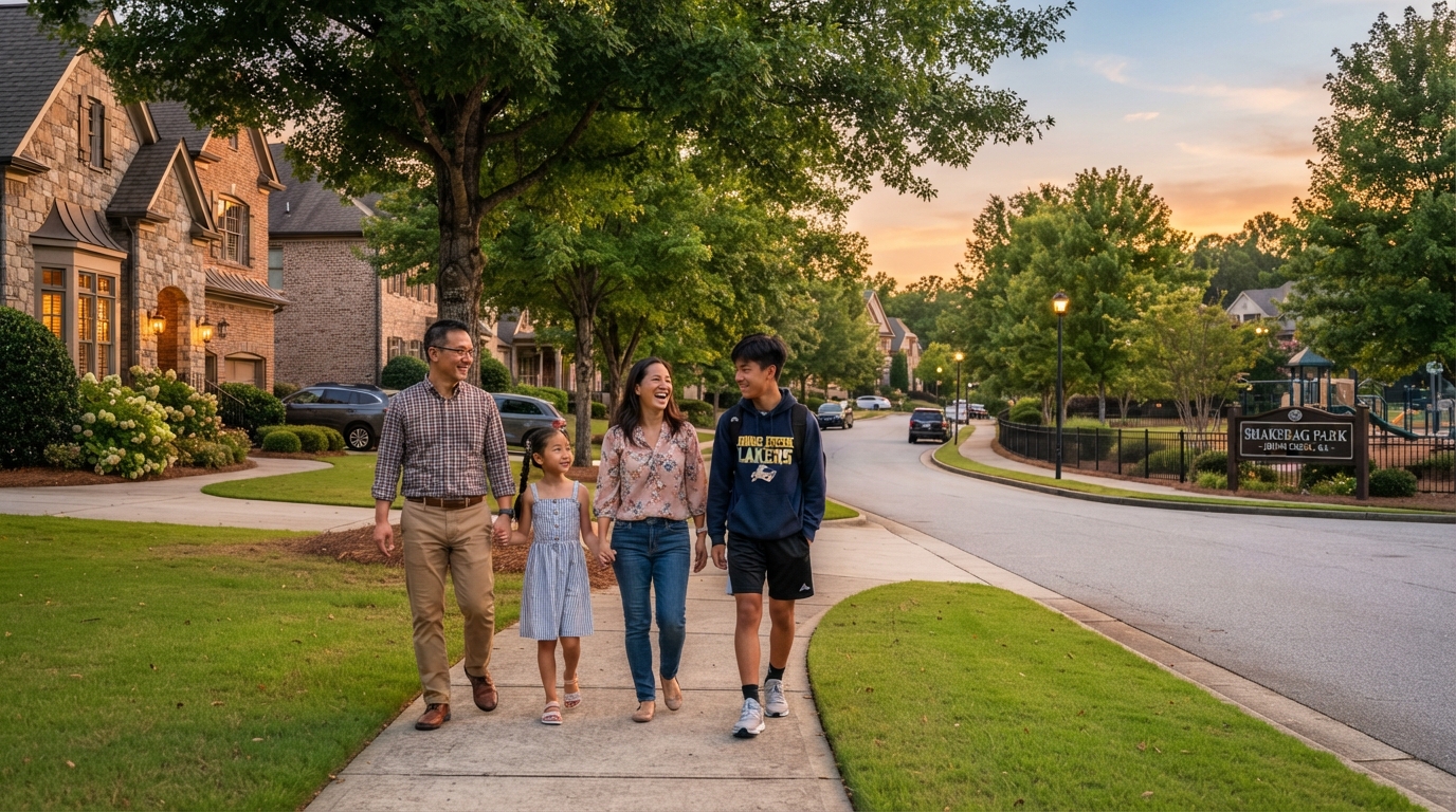 A diverse Asian American family with a teenager walking along a tree-lined suburban street in Johns Creek GA with upscale homes and manicured lawns