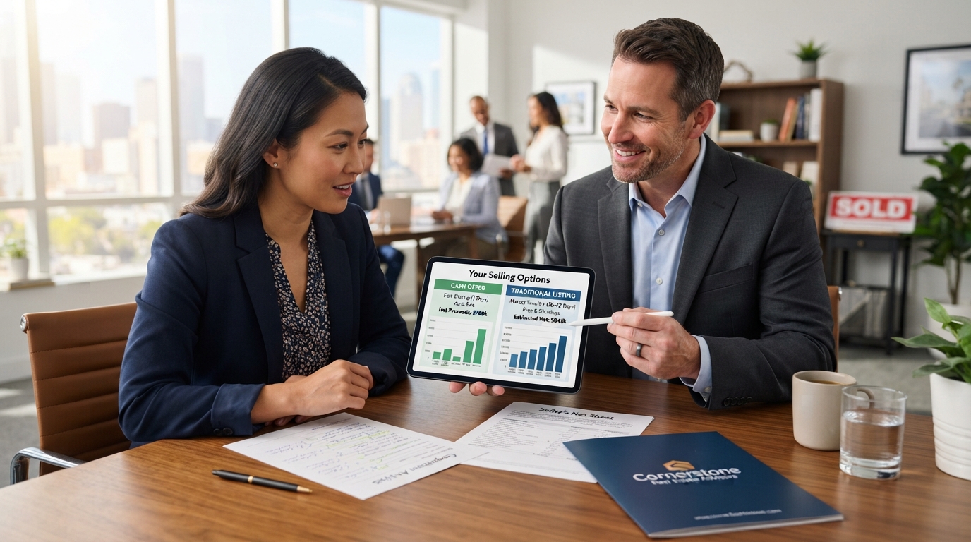 A diverse homeowner comparing two selling paths on a tablet with a male real estate advisor, cash offer versus traditional listing