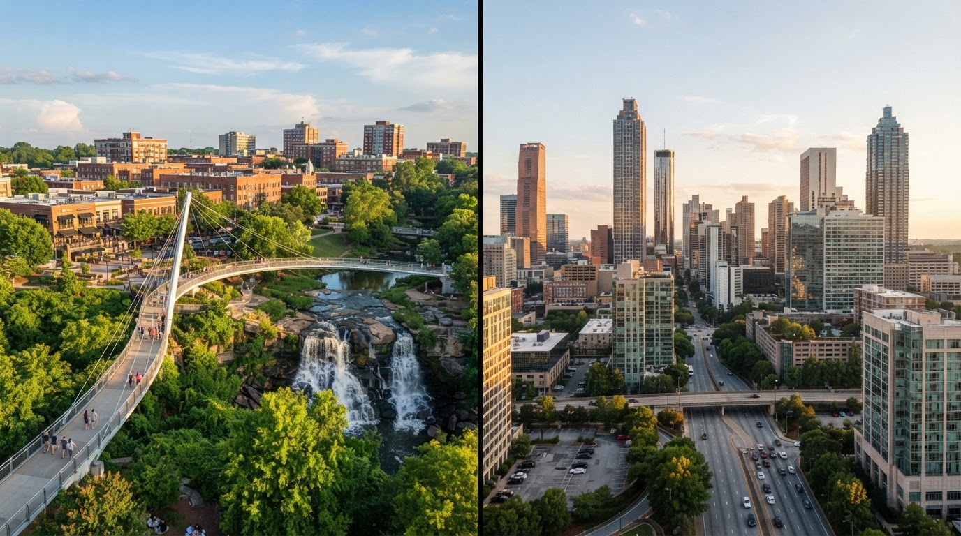 Split comparison of Greenville SC downtown with Falls Park and Atlanta GA skyline