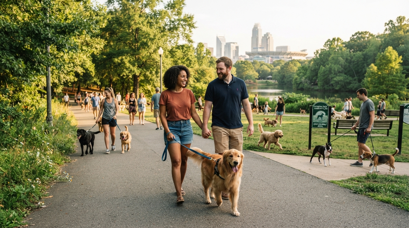 A diverse couple walking their large dog through a dog-friendly Charlotte neighborhood park with other dog owners