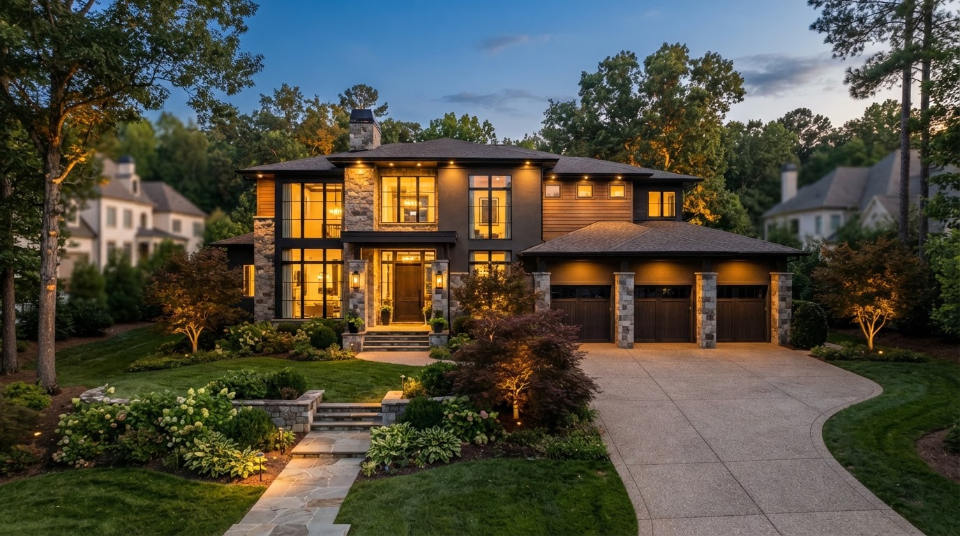 Luxury Charlotte NC home exterior at golden hour with elegant landscaping