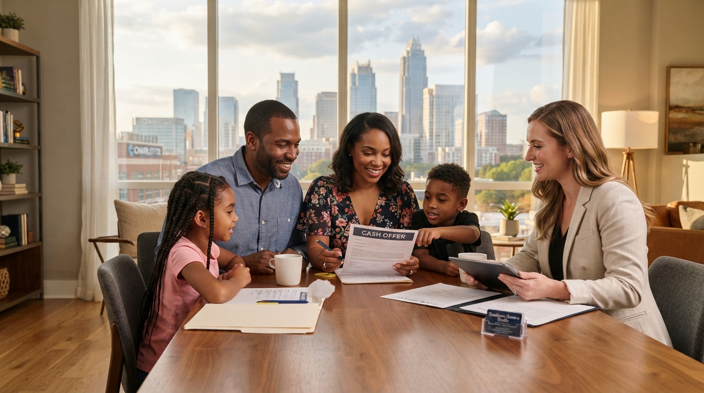 A diverse Charlotte family with the Charlotte skyline visible through a window, reviewing cash offer documents with a real estate agent