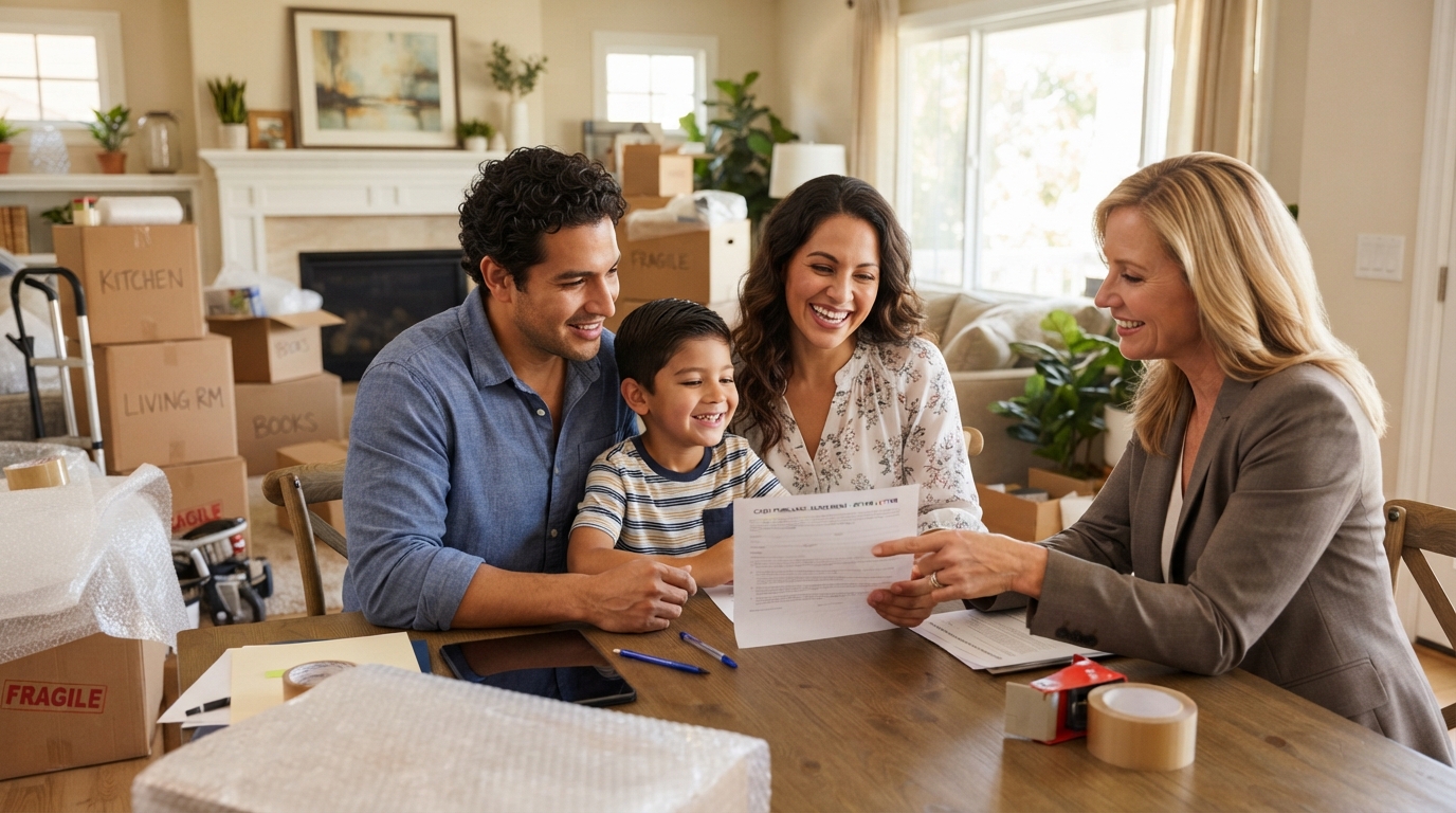 A diverse family reviewing a cash offer while relocating with packed moving boxes in the background and a real estate agent