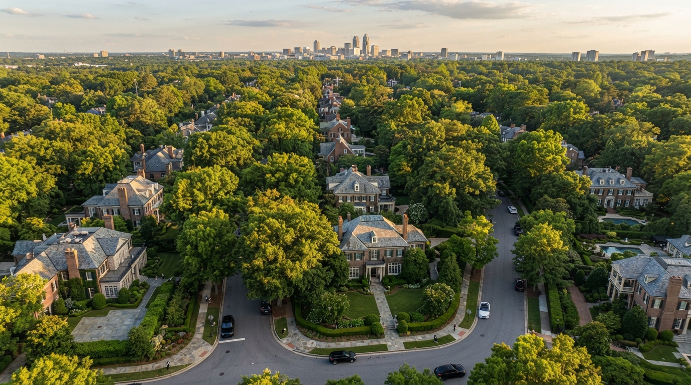Aerial view of Myers Park Charlotte NC with grand historic estate homes and tree-lined streets