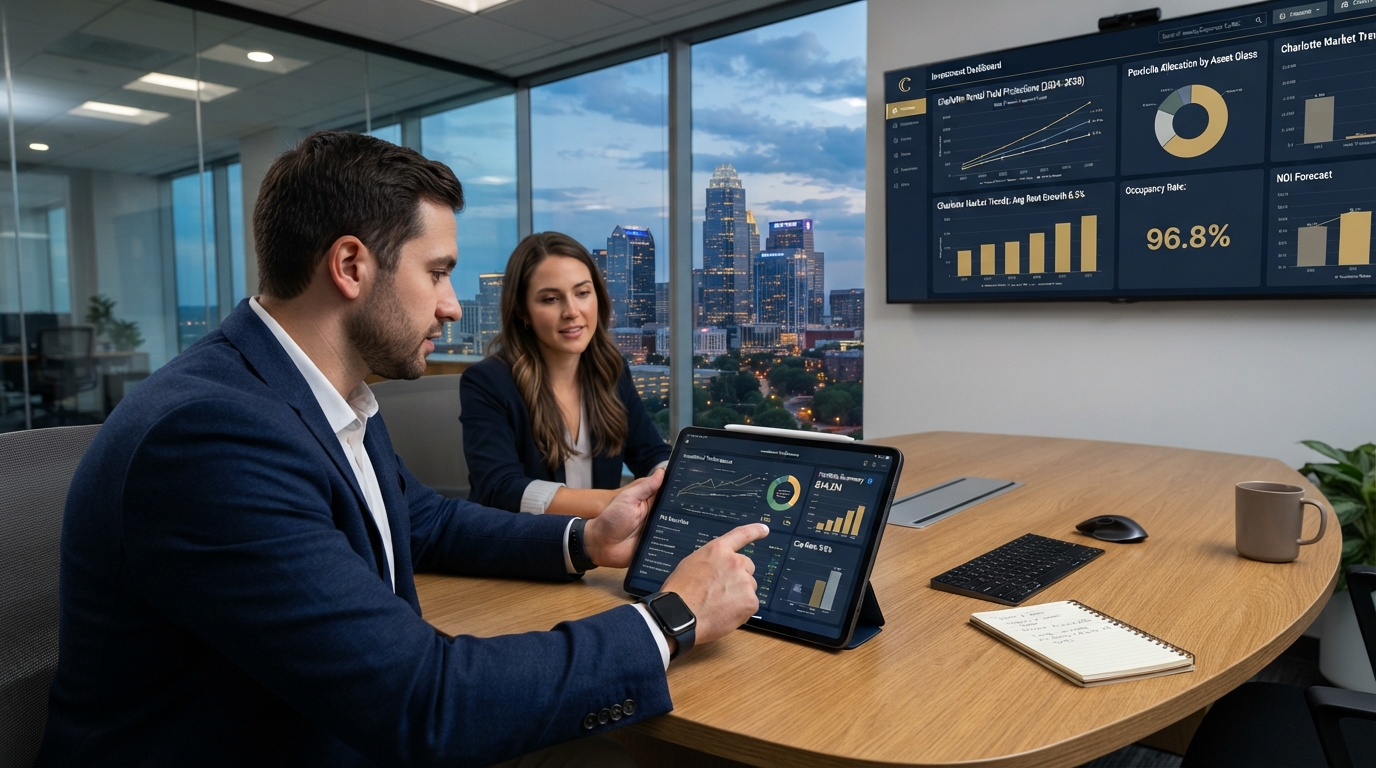 Real estate investment analytics dashboard with Charlotte skyline backdrop