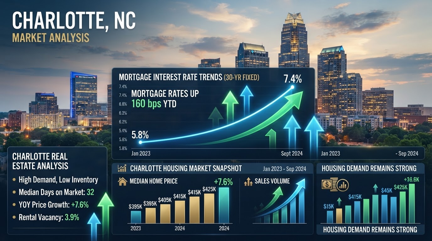 Mortgage interest rate charts overlaid on Charlotte NC skyline, representing market analysis