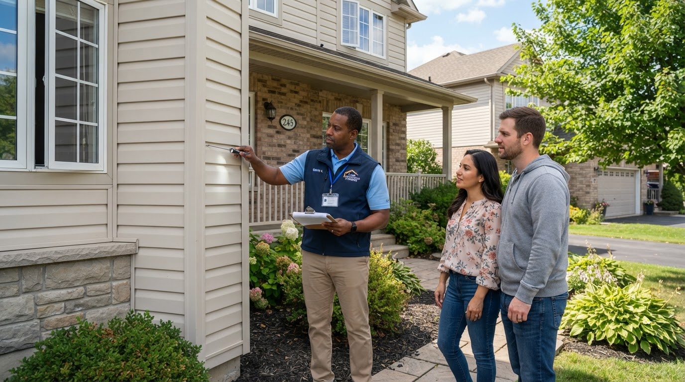 A diverse home inspector with clipboard examining exterior siding of a suburban home while homeowner couple watches