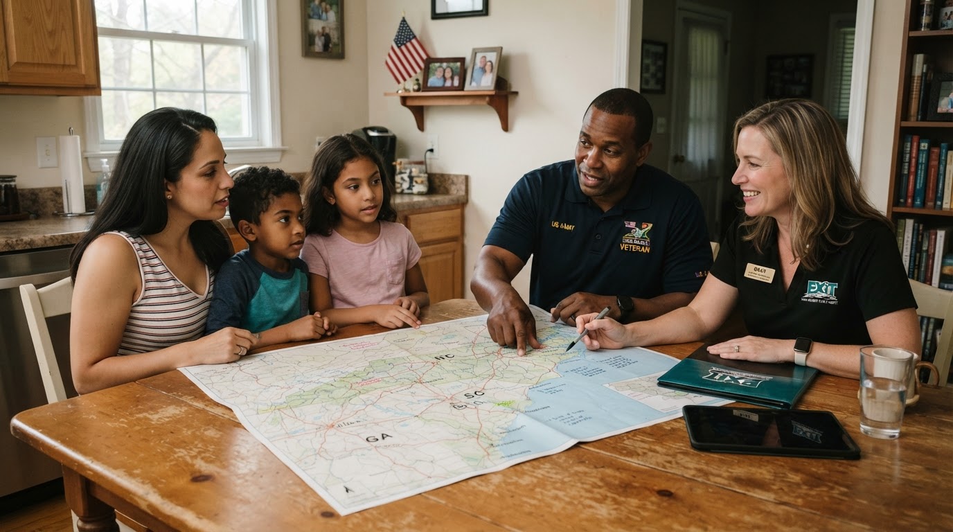 A diverse military veteran family with a real estate agent reviewing a map showing NC, SC, and GA states at a kitchen table, warm lighting