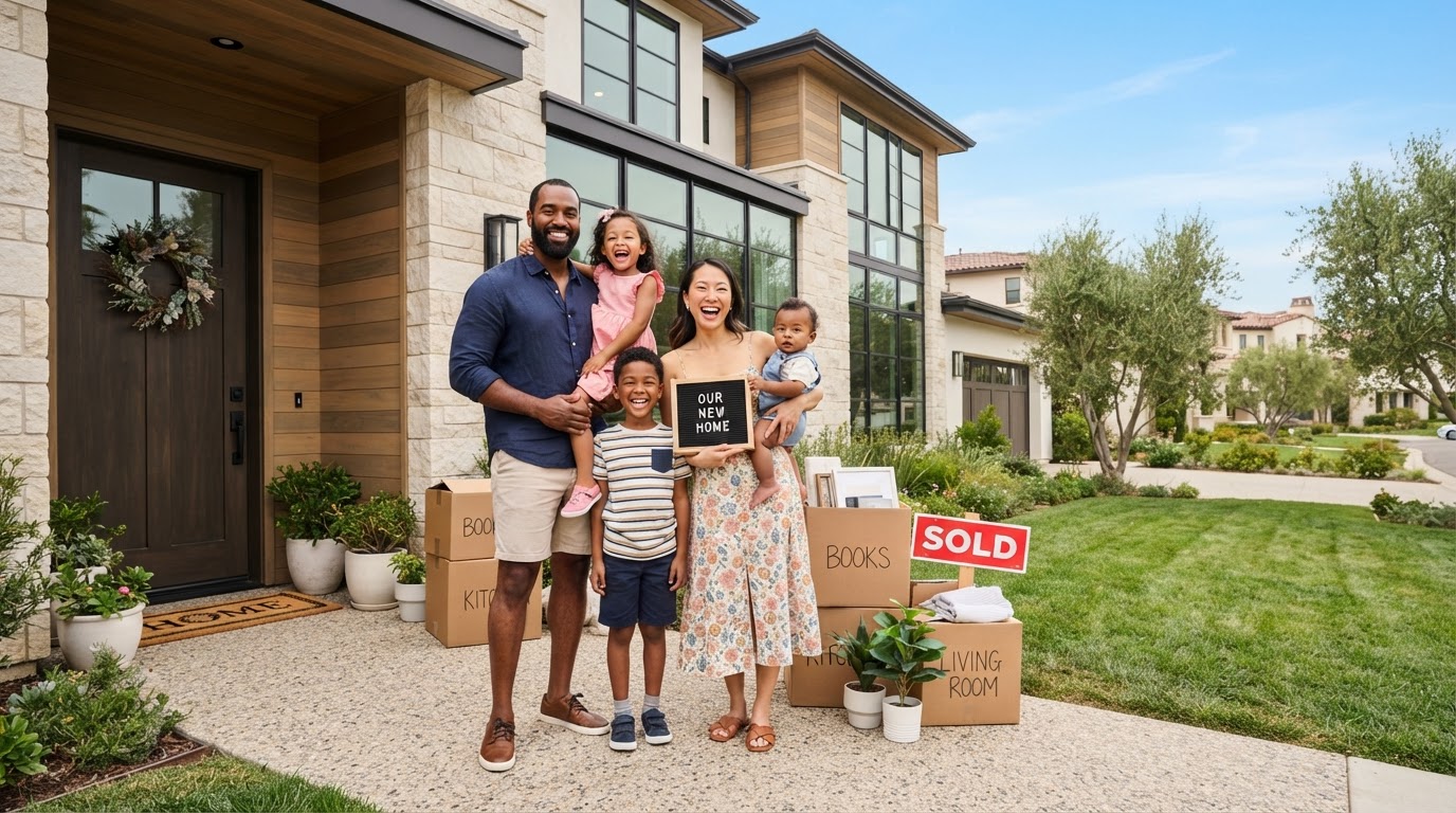 Diverse happy family moving into a new home