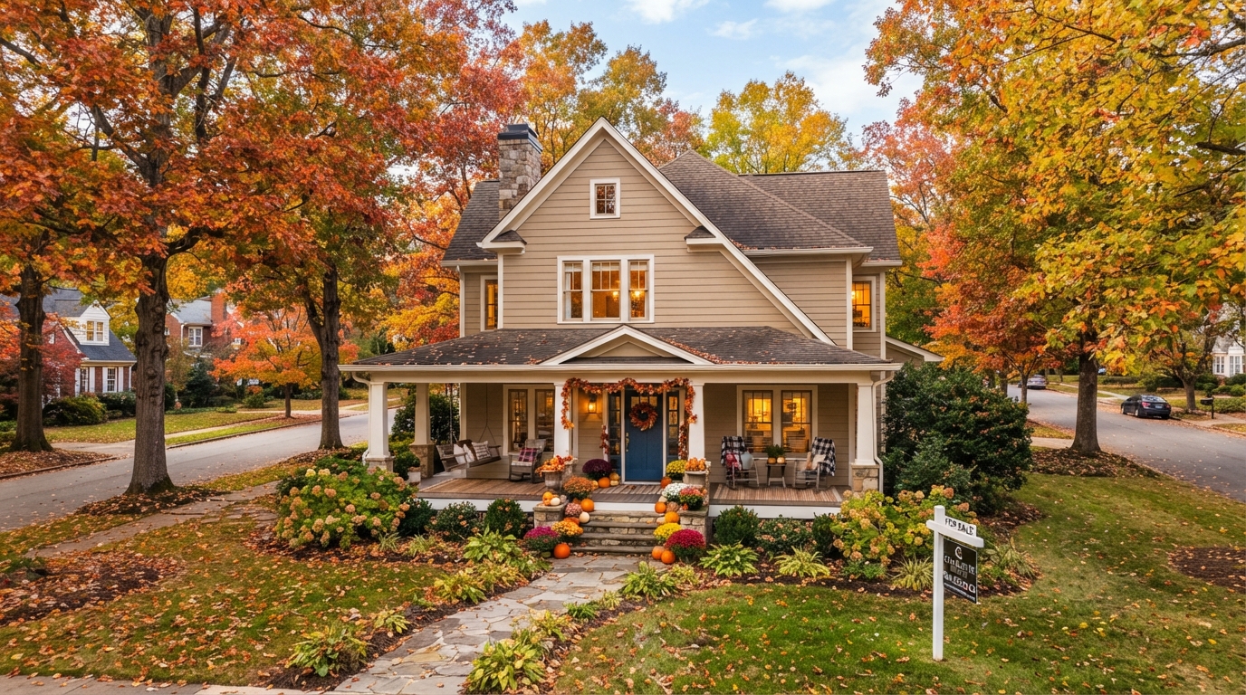 Beautiful Charlotte NC home in autumn with golden fall foliage and cozy front porch