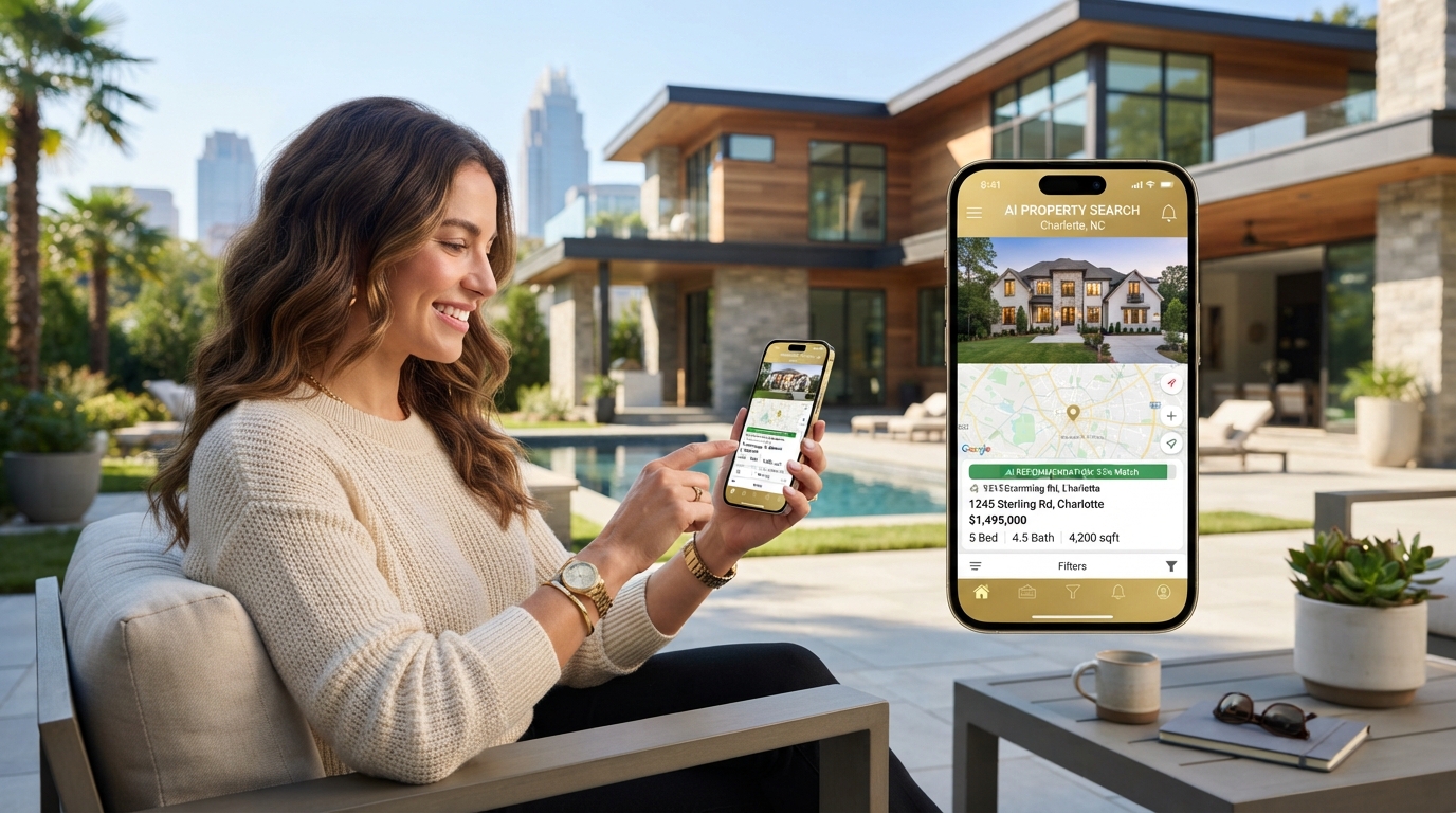 Person using smartphone with AI-powered property search interface near a Charlotte home