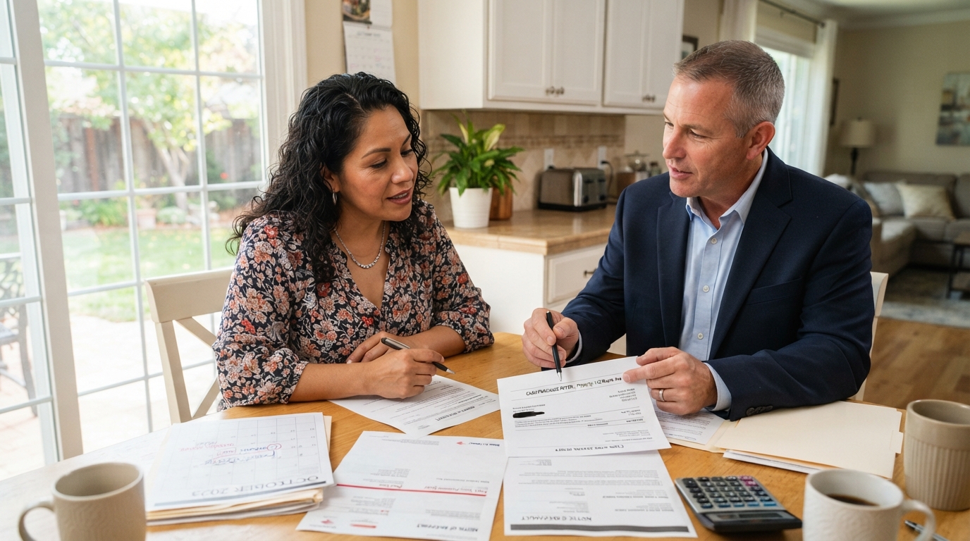 A diverse homeowner reviewing a cash offer to avoid foreclosure with a male real estate advisor, mortgage statements and a calendar visible