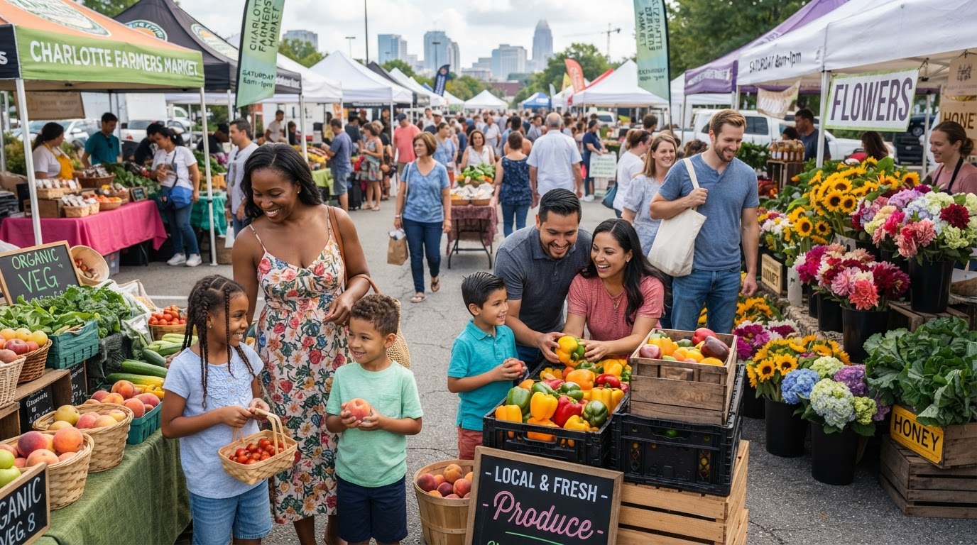 A diverse group of families at the Charlotte Farmers Market browsing fresh produce and flowers