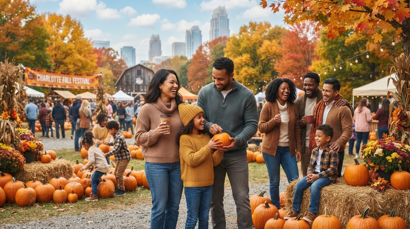 A diverse group of families and friends enjoying a crisp autumn day in Charlotte NC, with golden fall foliage, a pumpkin patch, children in sweaters, and parents holding warm drinks