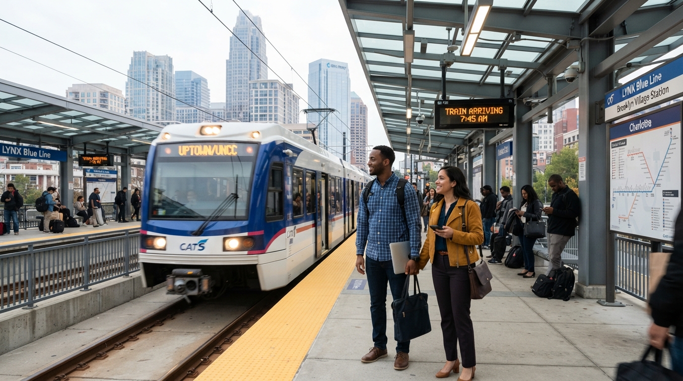 A diverse commuter couple waiting at a light rail station in Charlotte NC with train arriving during morning rush hour