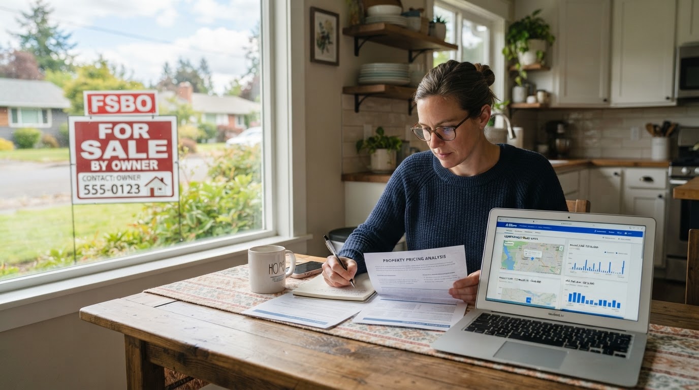 Homeowner reviewing property pricing documents at a kitchen table with a laptop