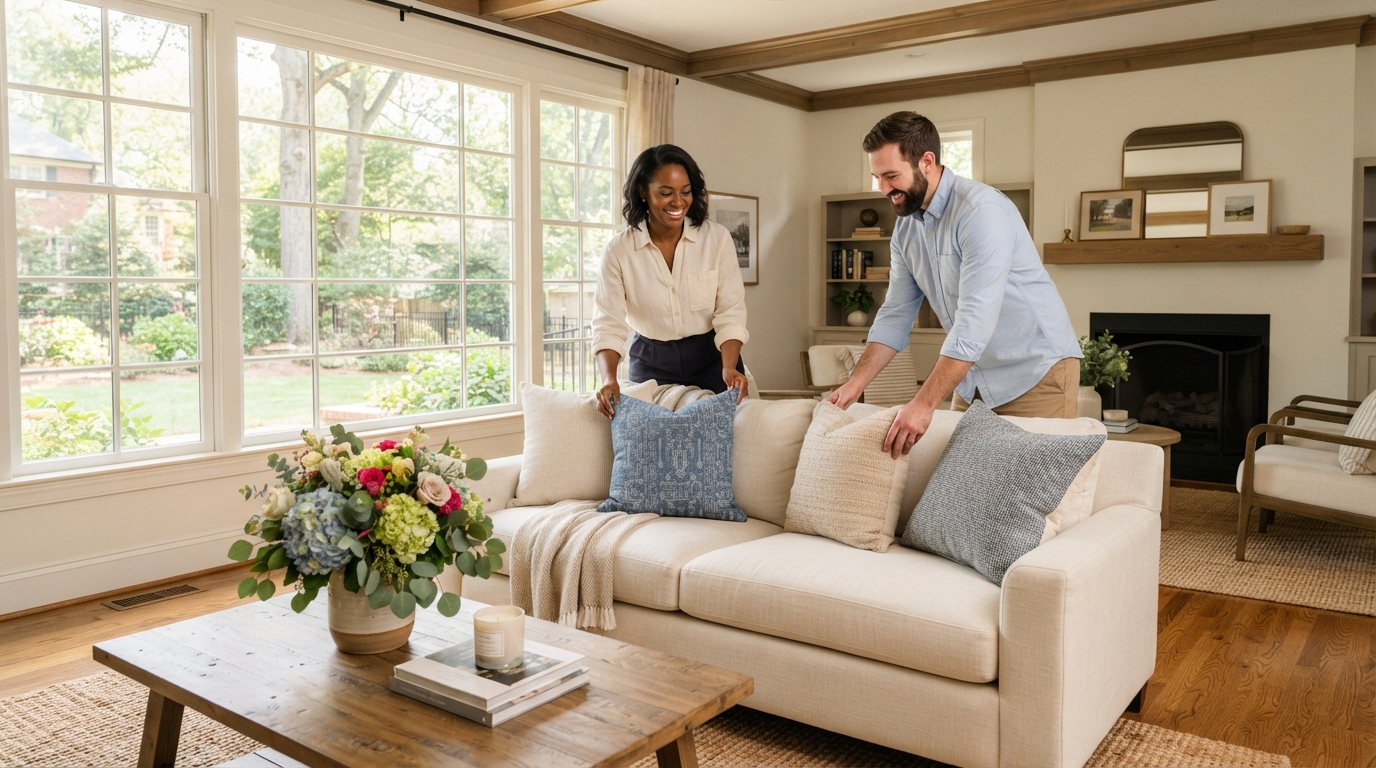 A diverse couple staging their Charlotte home for sale, arranging decorative pillows on a couch with fresh flowers on a coffee table
