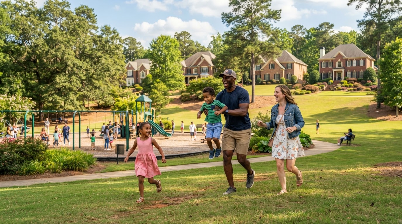 A diverse family — a Black father, white mother, and two children — playing in a spacious green park in East Cobb Georgia on a sunny weekend, with large suburban homes visible in the background, mature trees, and a playground