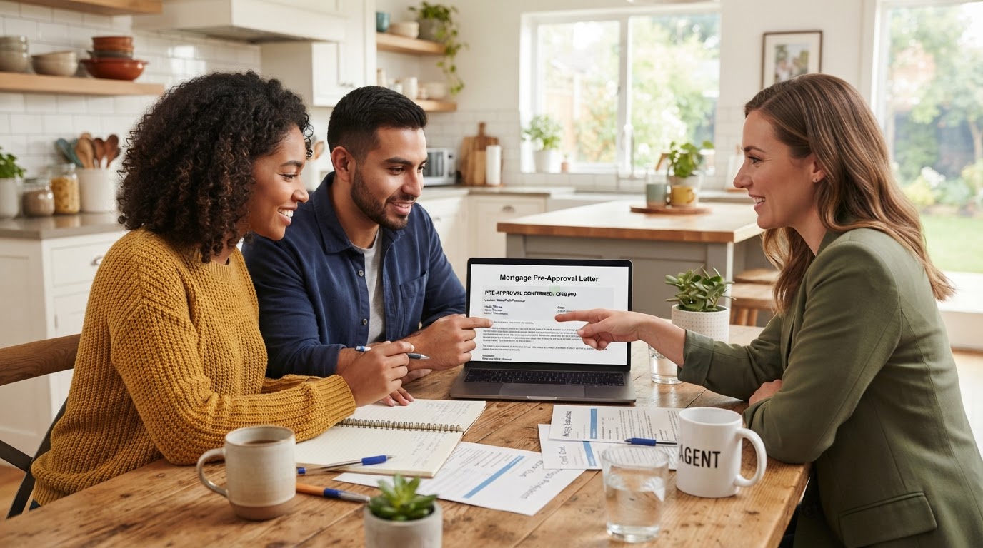 A diverse young couple sitting at a kitchen table with a laptop reviewing mortgage pre-approval documents with a real estate agent