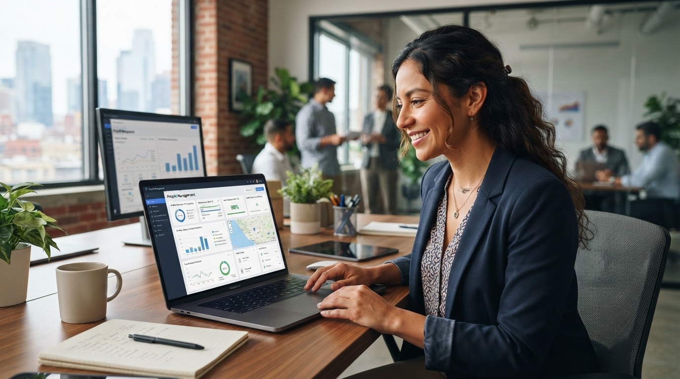 A diverse landlord reviewing AI property management smart tools on a laptop showing a smart home dashboard in a modern office