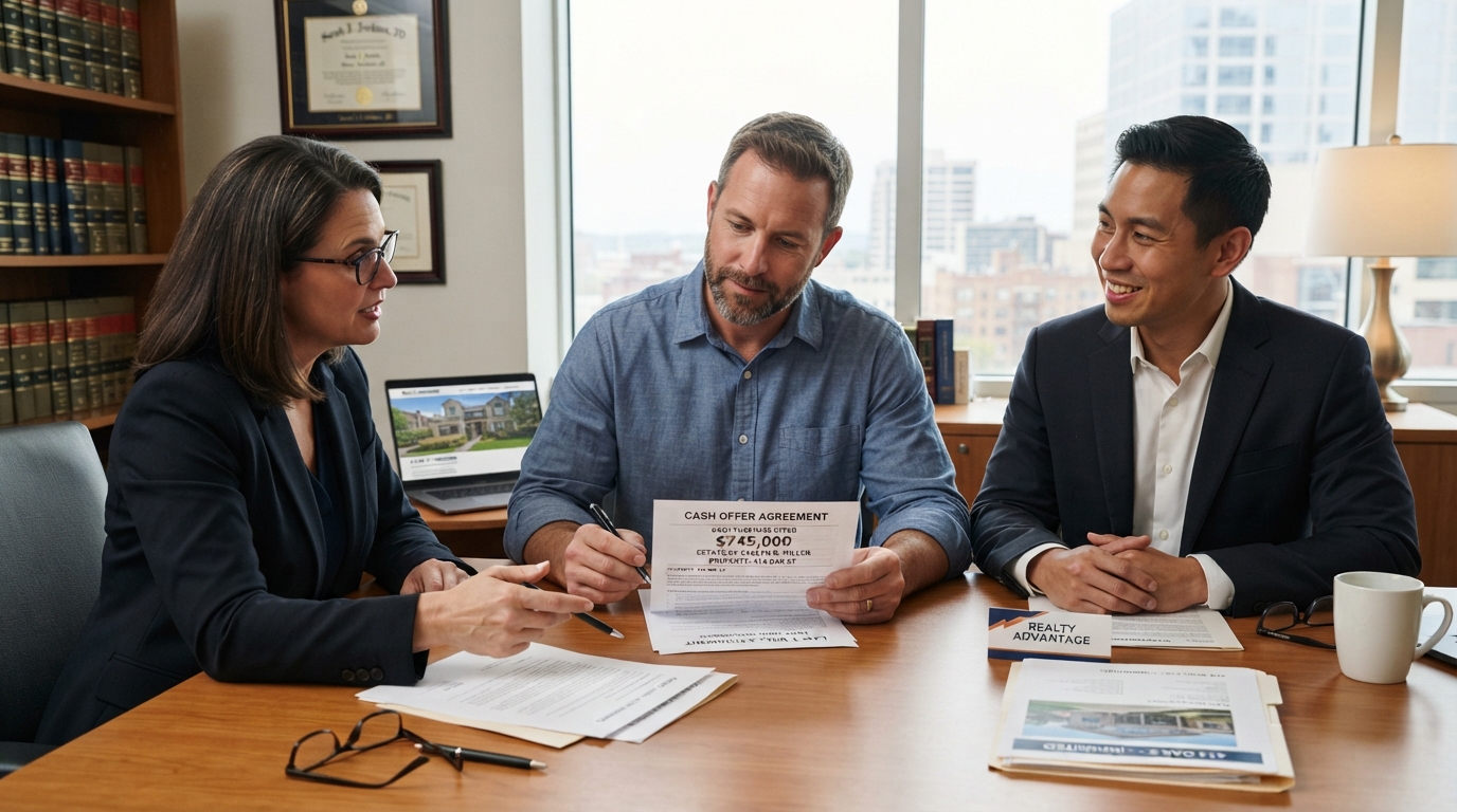 A diverse homeowner reviewing a cash offer for an inherited home with a probate attorney and real estate agent, estate documents visible