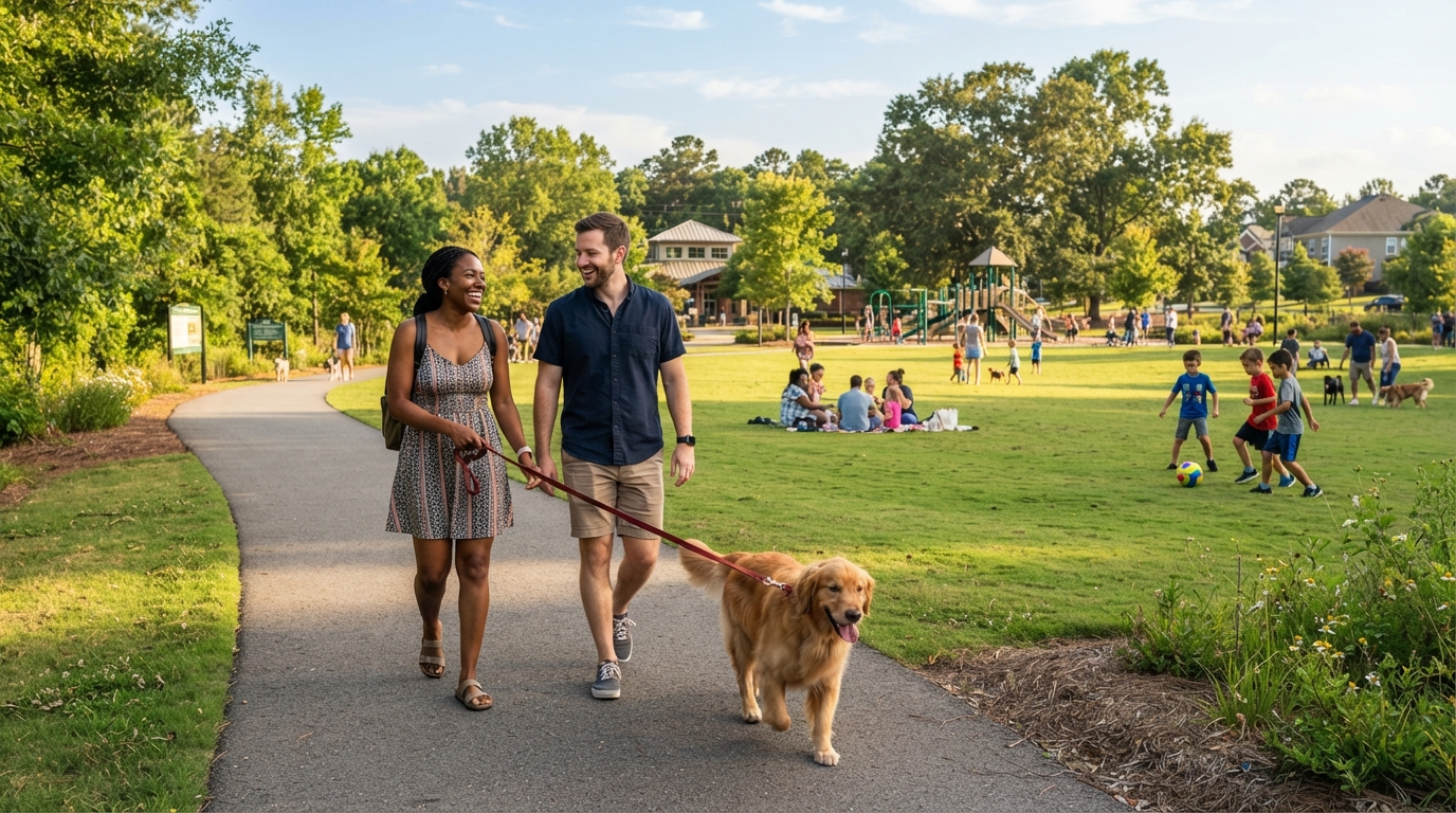 A diverse couple walking their dog through a Mauldin SC community park with green space and families playing in the background