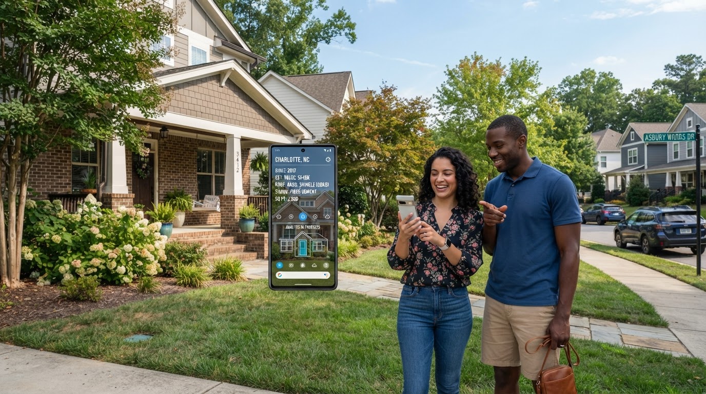 A diverse young couple using a smartphone AI app to scan and analyze a home's exterior features in a Charlotte NC suburban neighborhood