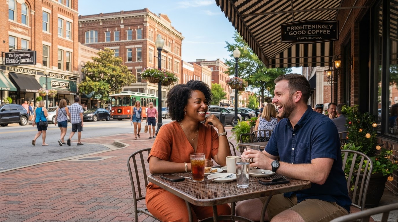 A diverse couple in their 30s sitting at an outdoor cafe table in downtown Spartanburg SC with historic buildings and a vibrant main street scene