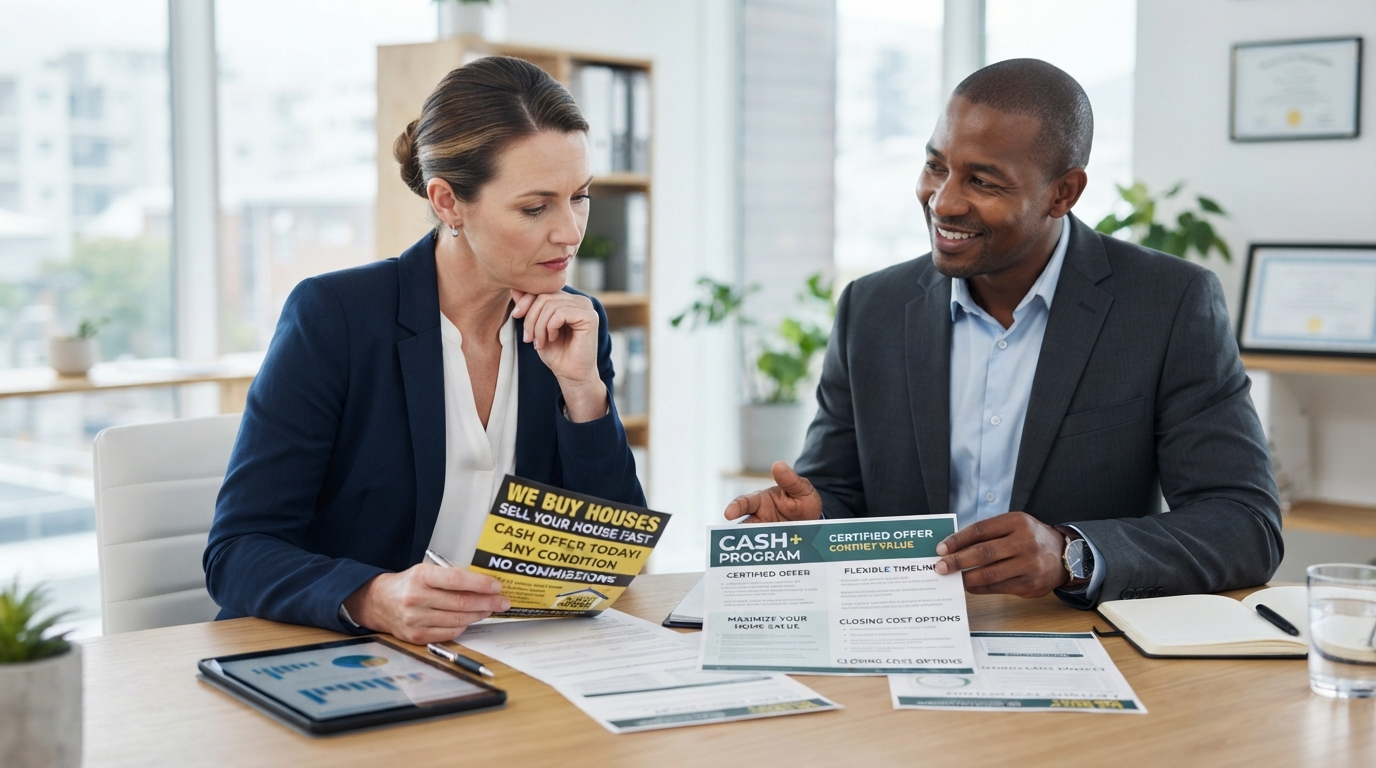 A diverse homeowner comparing we buy houses flyers against Cash+ program documents with a male advisor at a desk