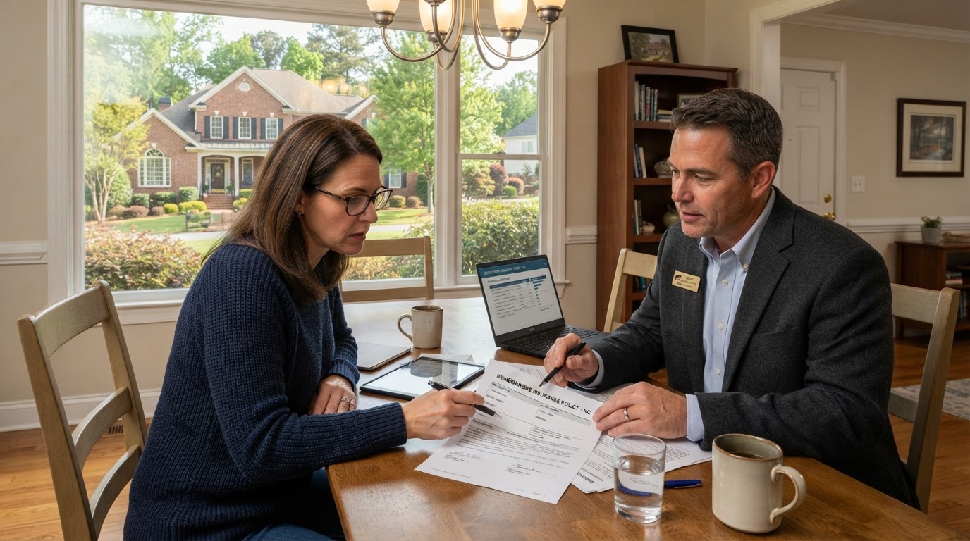 A concerned homeowner reviewing insurance documents with an insurance agent at a dining table, with a North Carolina home visible through the window