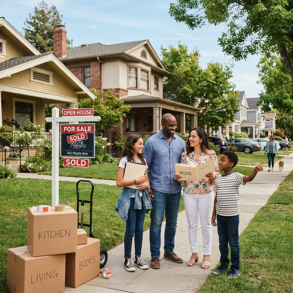 A diverse family standing in front of two homes discussing buying while selling, with a For Sale sign and moving boxes