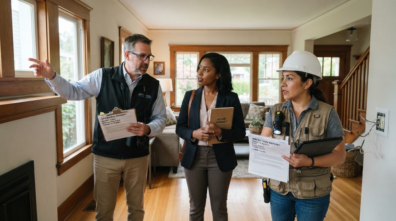 A diverse homebuyer with an appraiser and an inspector examining a house comparing appraisal vs inspection