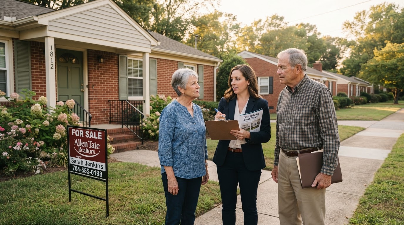A senior couple standing in front of a modest Charlotte home with a real estate agent, discussing downsizing options